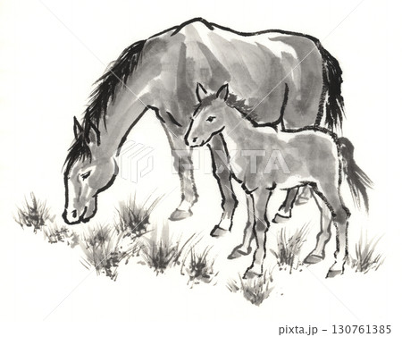 水墨画　馬の親子 130761385