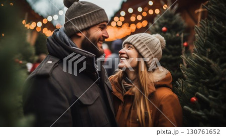 Joyful Couple at Christmas Market. Generative ai 130761652