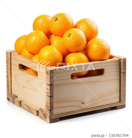 Fresh Mandarins in a Wooden Crate Isolated on White. Generative ai 130761704