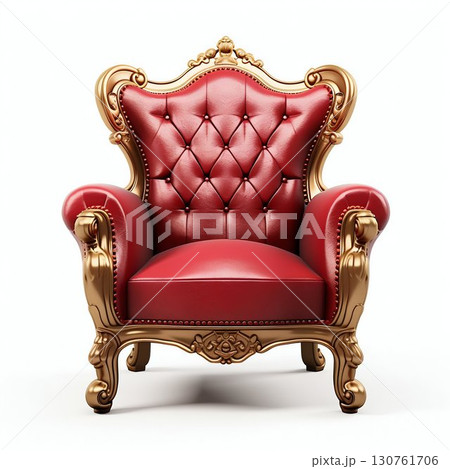 Regal Red Velvet Armchair with Golden Accents Isolated on White. Generative ai 130761706