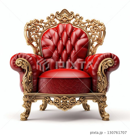 Regal Red Velvet Armchair with Golden Accents Isolated on White. Generative ai 130761707