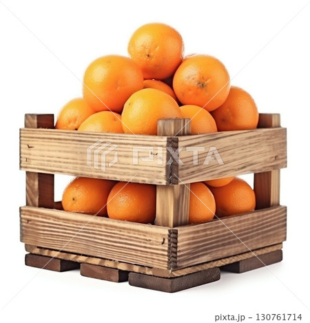 Fresh Mandarins in a Wooden Crate Isolated on White. Generative ai 130761714