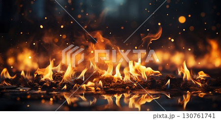 Intense Flames and Sparks on Dark Background. Generative ai 130761741