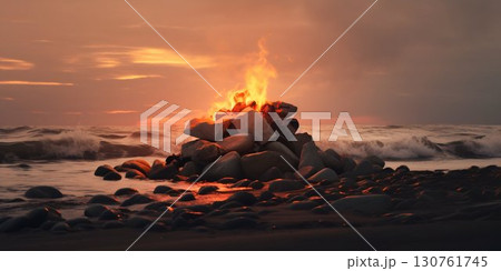 Zen Stones with Flames on the Beach at Sunset. Generative ai 130761745