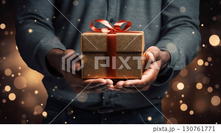 Festive Gift Box with Glitter and Bow in Man's Hands. Generative ai Festive Gift Box with Glitter and Bow in Man's Hands. Generative ai 130761771