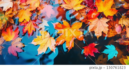 Autumn Leaves Floating on Serene Pond Water. Generative ai 130761823