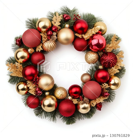Festive Christmas Wreath with Red and Golden Decorations. Generative ai 130761829