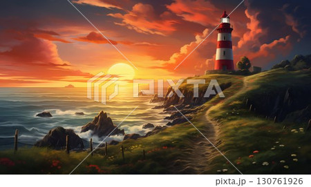 Serene Lighthouse at Sunset Overlooking the Ocean. Generative ai 130761926