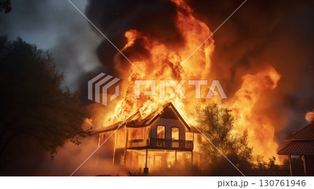 House Engulfed in Flames at Night. Generative ai 130761946