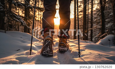 Winter Trekking: Close-Up of Hiker's Snowy Boots with Trekking Poles. Generative ai Winter Trekking: Close-Up of Hiker's Snowy Boots with Trekking Poles. Generative ai 130762020