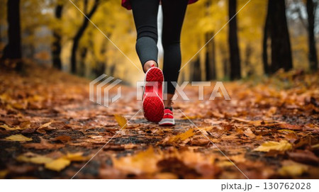 Autumn Jogging: Close-Up on Runner's Shoes Amongst Fallen Leaves. Generative ai 130762028