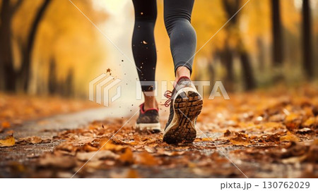 Autumn Jogging: Close-Up on Runner's Shoes Amongst Fallen Leaves. Generative ai 130762029