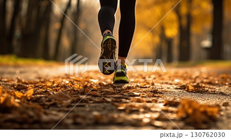 Autumn Jogging: Close-Up on Runner's Shoes Amongst Fallen Leaves. Generative ai 130762030
