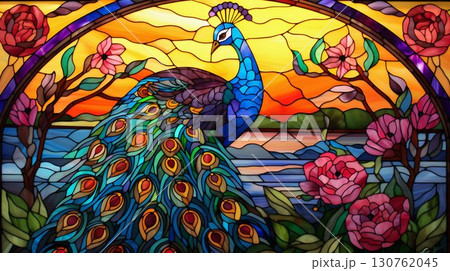 Majestic Peacock on Stained Glass Artwork. Generative ai 130762045