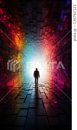 Man Walking Towards Light in Vibrant Geometric Corridor. Generative ai 130762121