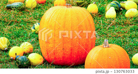 ハロウィンパーティー用のたくさんのお化けかぼちゃ 130763033