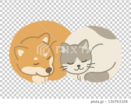 丸くなって幸せそうに眠る犬と猫のイラスト 130763108
