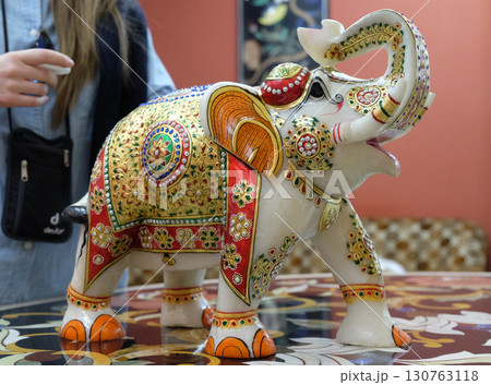 Handcrafted Indian elephant display at souvenir shop in Agra, Uttar Pradesh, India 130763118