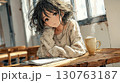 秋のカフェで本を読むアニメ風イラストの女性 130763187