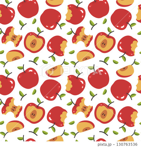 Seamless pattern with whole and bitten red apples on a white background. Vector illustration 130763536