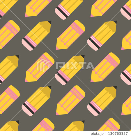 Seamless pattern with yellow pencil on grey background. Vector illustration 130763537