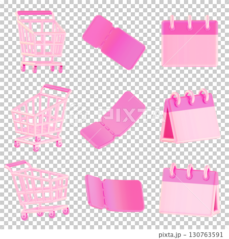 shopping cart and coupon with calendar pink iridescent 3D graphic cartoon style 130763591