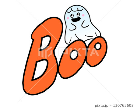 かわいいゴーストとオレンジ色のBOO文字のシンプルなデザイン｜ゴースト,BOO,お化け,ハロウィン 130763608