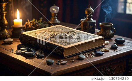 アンティークな机の上に魔術の本とパワーストーンがる風景 130764250