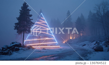 Giant neon Christmas tree installation glows in snowy winter landscape, creating cinematic and futuristic scene 130764522