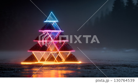 Glowing pyramid structure made of neon triangles stands on wet surface, surrounded by misty forest at night 130764539