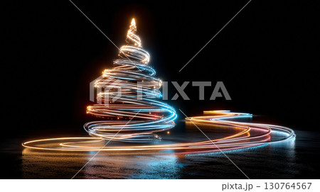 Glowing spiral Christmas tree made of colorful light trails on dark background creates festive atmosphere 130764567