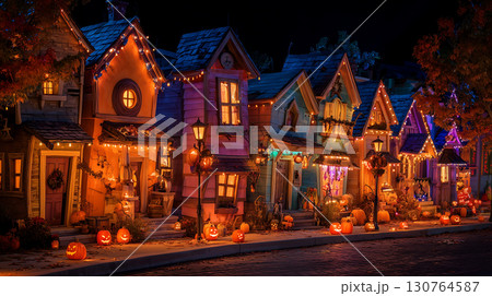 カラフルにライトアップされたハロウィンの家々 130764587