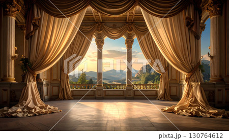 ゴールドのカーテンのかかる窓から見える風景と何もないフロア ゴールドのカーテンのかかる窓から見える風景と何もないフロア 130764612