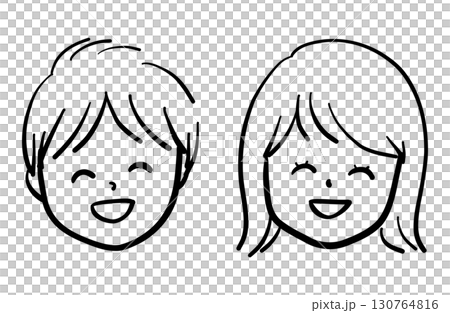 微笑的男孩和女孩的線條畫插圖 130764816
