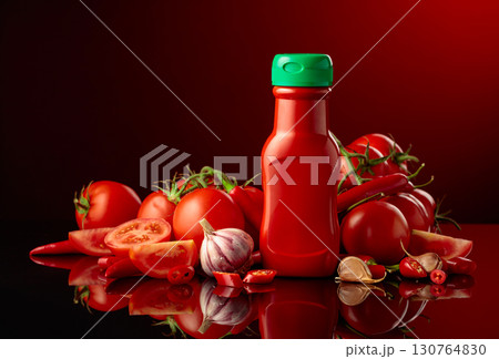 Bottle of ketchup or tomato sauce with ingredients. Bottle of ketchup or tomato sauce with ingredients. 130764830