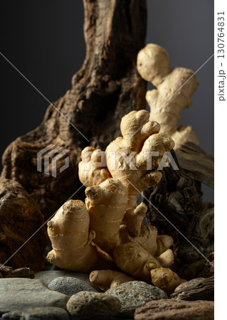 Ginger root with old snags and stones on a black background. Ginger root with old snags and stones on a black background. 130764831