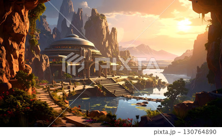 異世界の都市の建造物と自然の風景 130764890