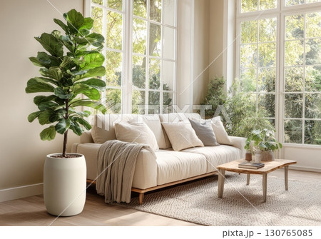 Fiddle leaf fig brightening a modern living room with large windows 130765085
