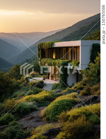 Modern house overlooking scenic valley at sunset with lush greenery Modern house overlooking scenic valley at sunset with lush greenery 130765086