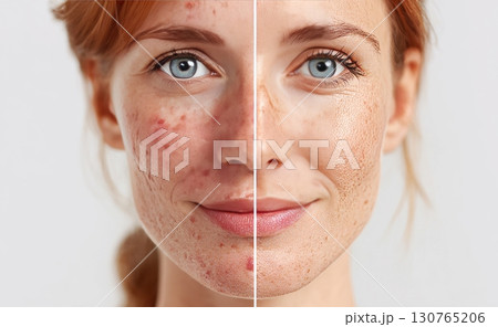 Woman showing before and after acne treatment effect on skin Woman showing before and after acne treatment effect on skin 130765206