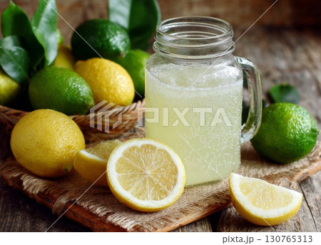 Refreshing lemonade in mason jar with fresh lemons and limes 130765313