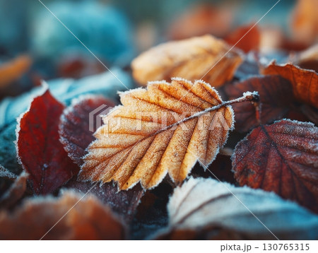 Frost covering colorful autumn leaves on the ground 130765315
