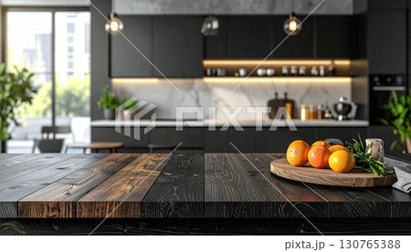 黒い木目のカウンターとキッチンの背景　生成AIイラスト 130765388