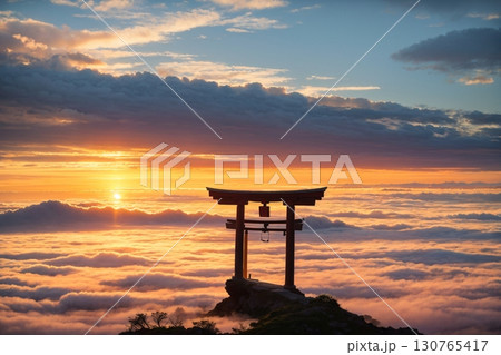 神聖な鳥居と雲の海サンセット山頂パワースポット風景 130765417