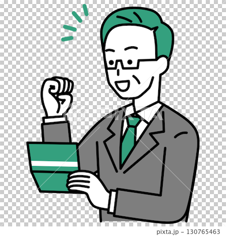 A middle-aged man in a suit is happy to see his bankbook 130765463