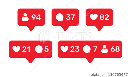 Social media notification icons set with followers, likes and comments counters. Red pop up bubble design isolated on white background for digital marketing, community engagement and interaction 130765477