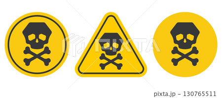 Yellow danger triangle and circle with black skull and crossbones symbol. Toxic hazard warning sign illustration. Poison caution icon for safety, chemical risk, alert, health danger, contamination 130765511