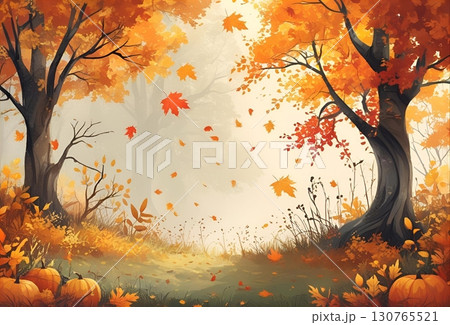 葉が落ちる紅葉した木とオレンジ色のカボチャの秋イラスト背景 130765521