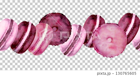 Round puffy macarons, top and side view moon pies, sandwich cakes stacked in seamless line. Hand drawn watercolor banner header illustration. Birthday invites, sweet shop decor, clipart collections. Round puffy macarons, top and side view moon pies, sandwich cakes stacked in seamless line. Hand drawn watercolor banner header illustration. Birthday invites, sweet shop decor, clipart collections. 130765605
