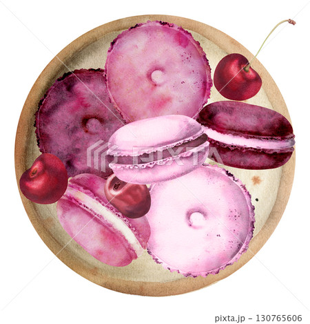 Sweet sandwich buns, macarons, whoopie pies and ripe cherries on ceramic clay plate, hand painted in watercolor. Isolated hand drawn illustration. Culinary posters, wedding favors, newsletter graphics 130765606